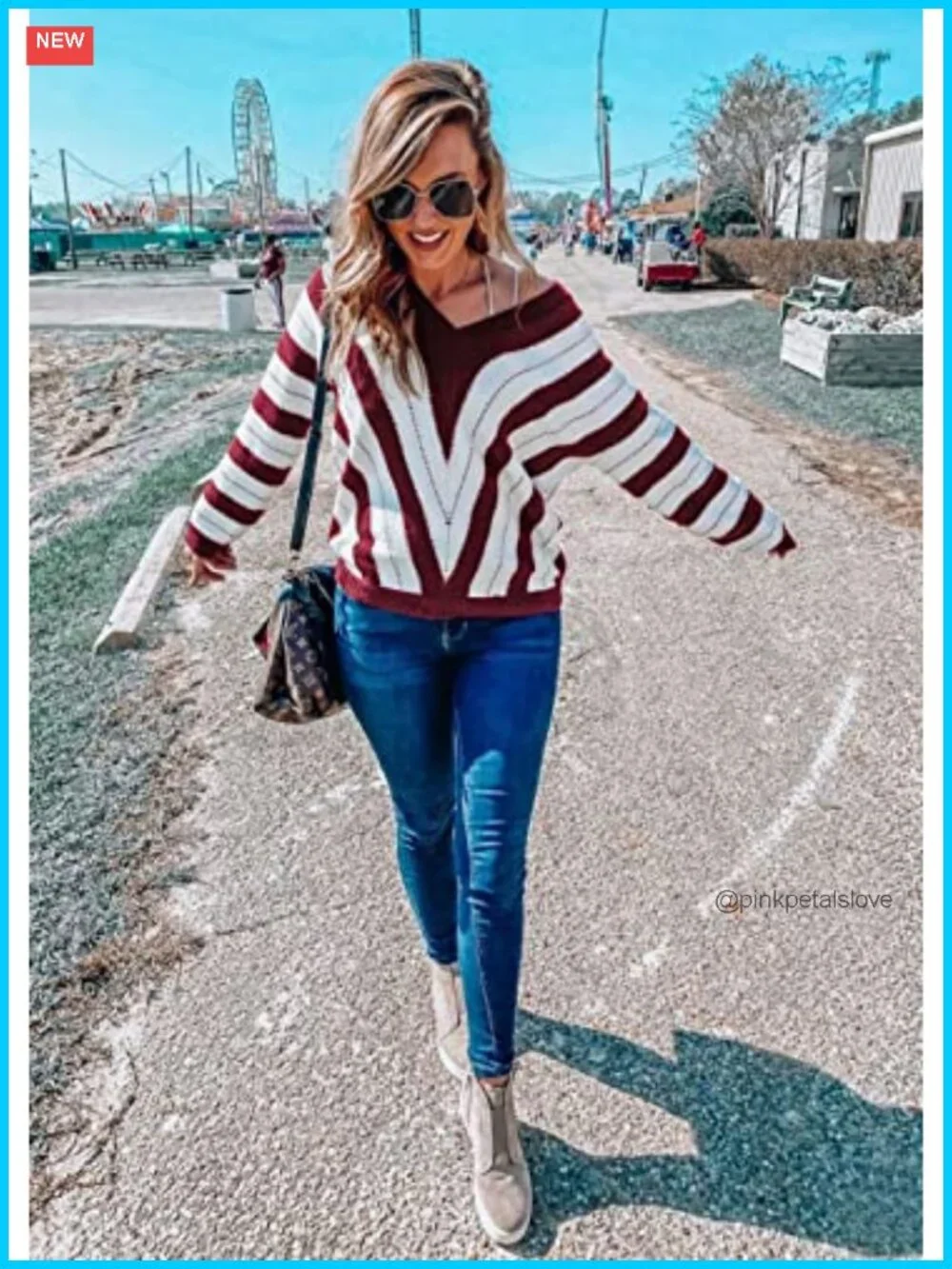 PRETTYGARDEN Women's V-Neck Striped Knit Pullover Sweater Long Sleeve